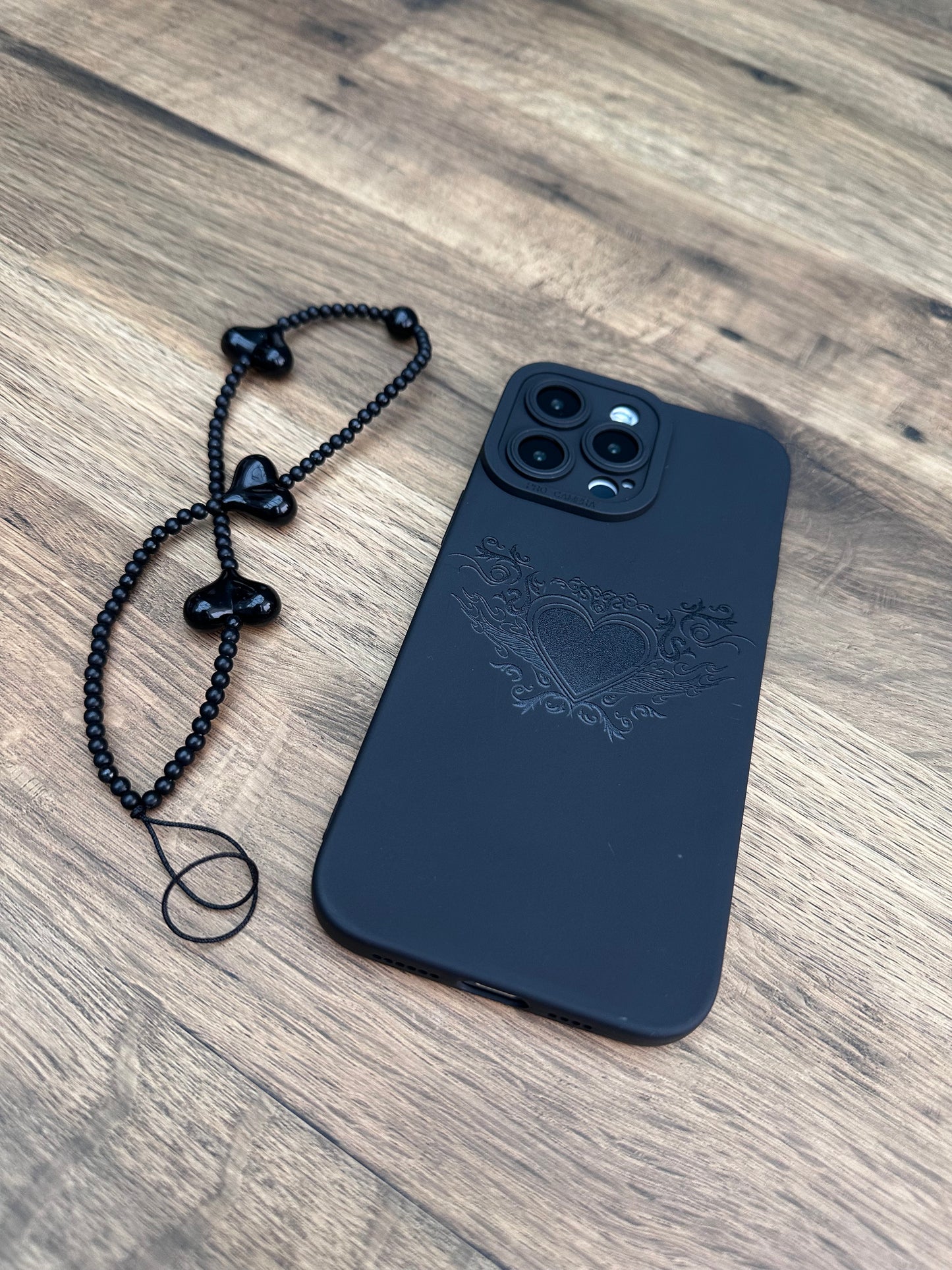 Tattooed Heart Black Phone Case with Beaded Wrist Strap