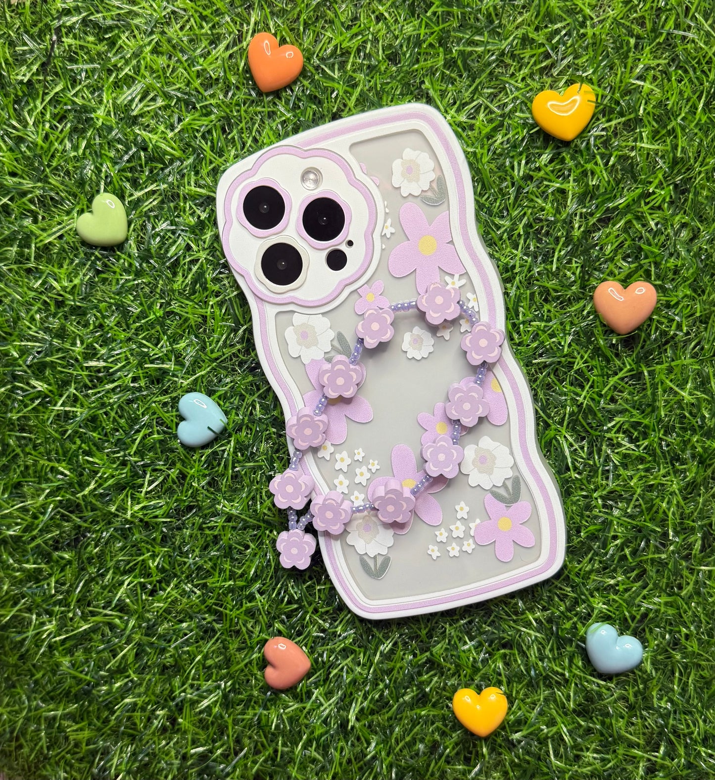 Wavy Edge Blossom  Violet Phone Case with Beaded Wrist Strap