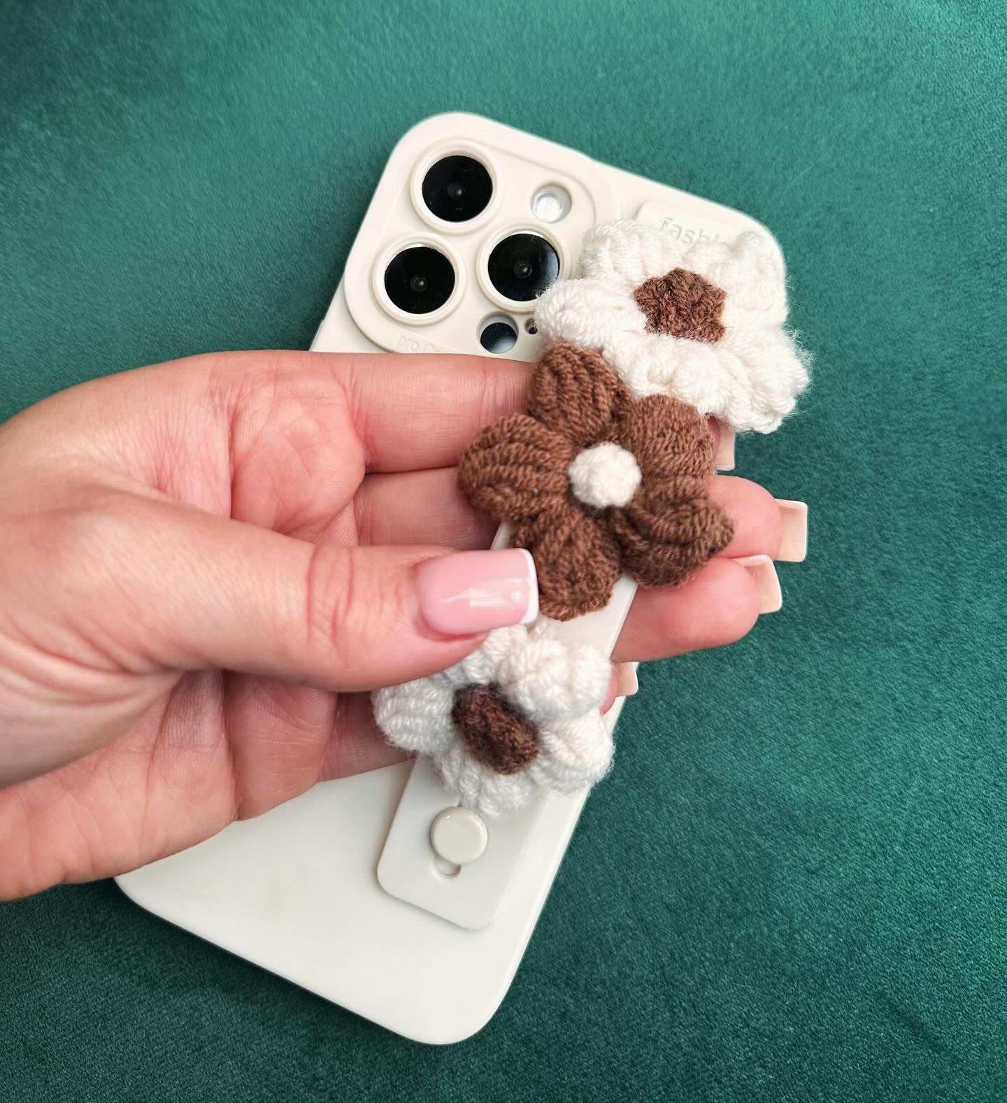 Crocheted Flower Cream Phone Case with Hand Strap