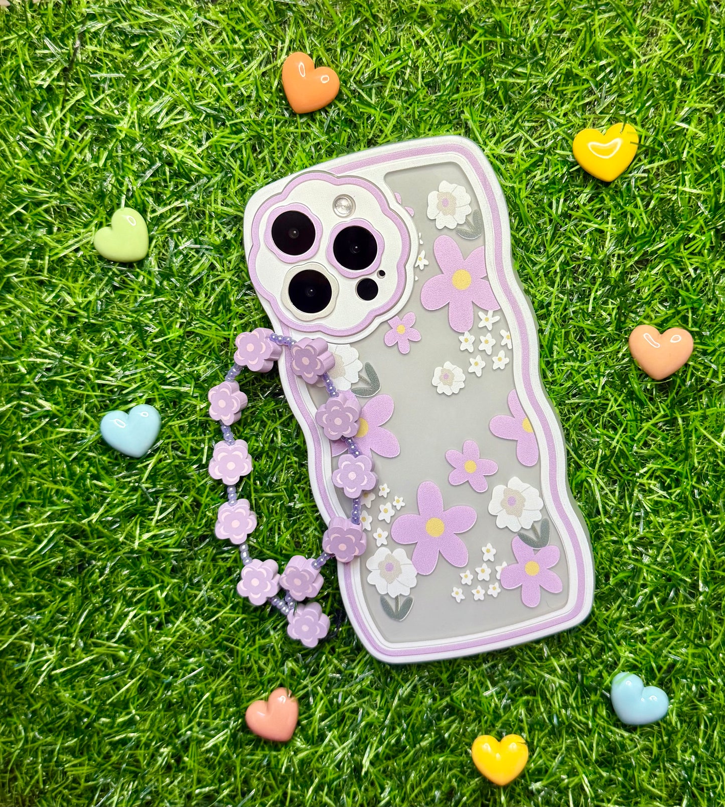 Wavy Edge Blossom  Violet Phone Case with Beaded Wrist Strap